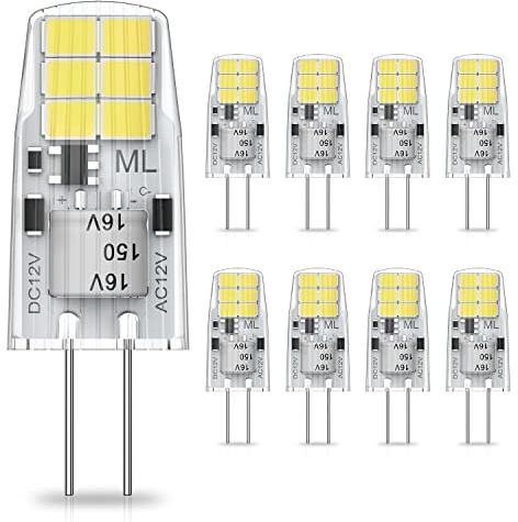 YUIIP G4 LED Light Bulbs 6000K Daylight White, 2W Equivalent to 20W Halogen Bulb, AC/DC 12V G4 Bi Pin Bulb for Under Cabinet Puck Light, Chandelier, Landscape Lighting, 8-Pack