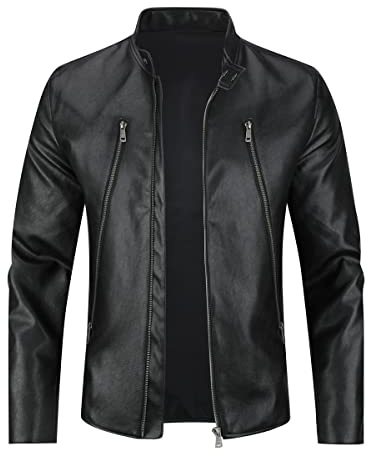 Sliktaa - Chaqueta de piel sintética ecológica de invierno con un cuello alto, de entretiempo, tipo motero, piloto, cremallera, informal, cuero, fresco, clásico, Negro D, XXL