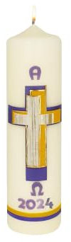 Osterkerze Kreuz, lila, gelb, weiß, gold 270 x Ø 70 mm