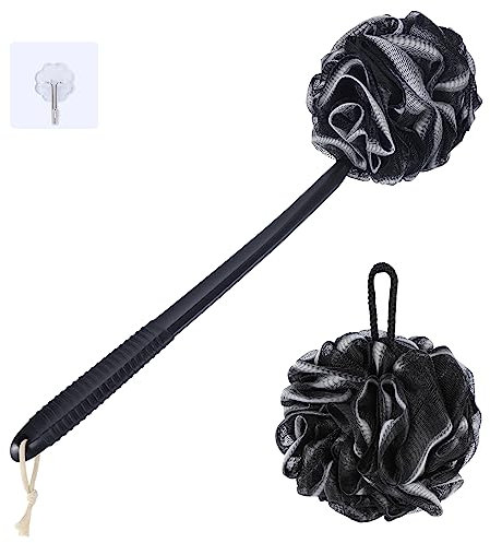 VANZAVANZU Loofah Sponge Set Shower Puff, 17 Anti-Slip Plastic Long Handle Loofah Body Scrubber with Exfoliating Shower Sponge, PE Soft Mesh Bath Sponge Luffa-Black with White Edge