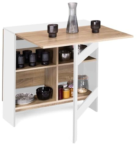 IDMarket - Table Console Pliable EDI 2-6 Personnes 150 x 80 cm | Avec rangements, coloris bois blanc et plateau façon hêtre