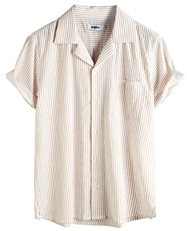 VATPAVE Herren Gestreifte Sommerhemd Casual Button Down Kurzarm Strand HawaiiHemd Mittel Khaki Aloha