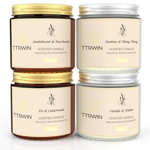 TTRWIN 4 Duftkerzen Set, Duftkerze Sojawachs Lange Brenndauer, Klein Duftkerze im Glas, Jasmin/Ylang Ylang, Sandelholz/Patchouli, Tannen/Zedernholz, Vanille/Amber, Geschenk für Frauen Männer