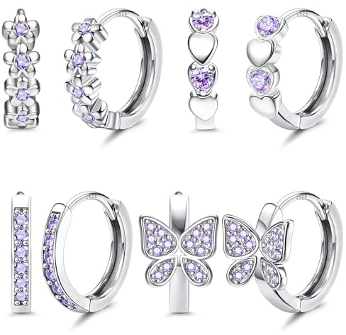 JeweBella 4 par små silverkreoler set för kvinnor flickor barn allergivänliga fjäril hjärta blommor kreoler örhängen 925 silverstift rosa/lila/blå/färgglada zirkonörhängen kreoler set, 10 mm, Silver