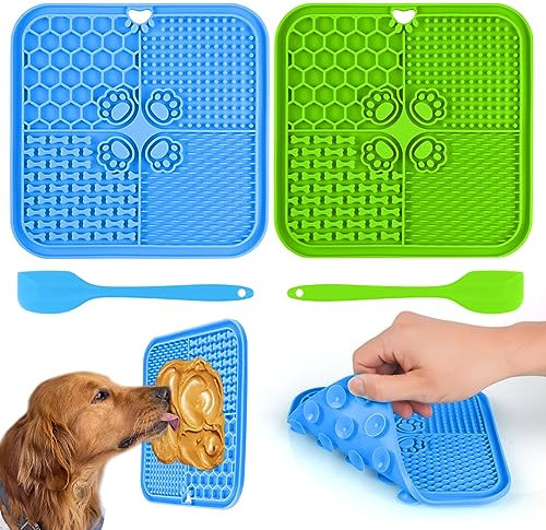 vsshe Leckmatte Hund,2 Stück Anti Rutsch Schleckmatte Hund mit 2 Silikonspatel BPA-Frei Schleckmatte mit Superstarker Saugkraft für Hundebad Training Fellpflege und Pfotenpflege Fördert die Verdauung