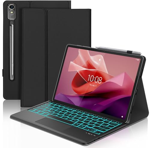 Funda Teclado con Trackpad para Lenovo Tab P12 12.7, Español Ñ Teclado Bluetooth Desmontable con Retroiluminación de 7 Colores y Funda Protectora para Tablet Lenovo Tab P12 2023 12.7 Pulgadas, Negro