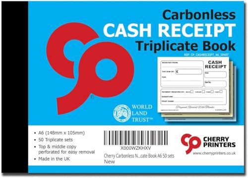 Cherry Cash Quittung, A6, selbstständig und selbstständig, dreifach, 50 Sets, perfekt für Selbstständige und kleine Unternehmen, 2 Stück