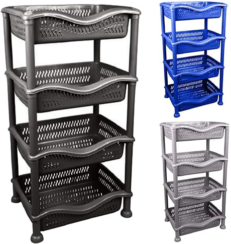 A406 Large 4 Tier Fruit & Veg Rack - Strong Plastic Kitchen & Garage Storage (Black)