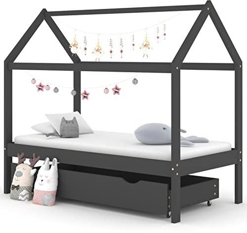Gecheer Kinderbett mit Schublade Dunkelgrau Massivholz Kiefer 80x160 cm