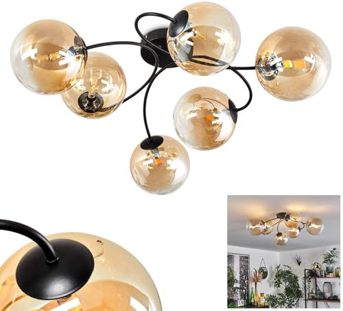 HOFSTEIN Deckenleuchte Chehalis, 6-flammige Deckenlampe aus Metall/Glas in Schwarz/Bernstein/Klar, Leuchte im Retro/Vintage-Design, Ø Schirme 15 cm, G9, Esszimmer, Schlafzimmer, Wohnzimmer, Küche