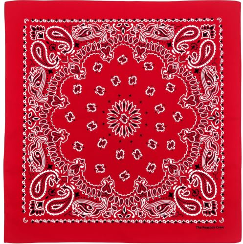 The Peacock Crew Red Bandana for Men and Women in Premium Soft Cotton – Classic Western Cowboy Paisley Scarf, Versatile Headband or Neck Accessory, Gift Kraft Packaging