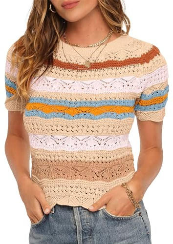 Saodimallsu Damen T-Shirt Gestreifte Kurzarmpullover mit Farbblock Damen Sommer Strickpullover Leichte Casual Oberteile, Beige, L