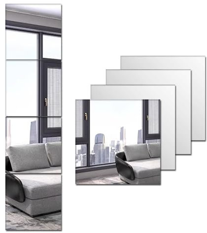 Acryl-Spiegel-Aufkleber für Wände, 4 Stück, selbstklebend, sicherer Plexiglasspiegel, bruchsicher, Wandmontage, Make-up, großer Ganzkörperspiegel, Heimtraining, Fitnessstudio, Flur, Fliesen (20 x 20