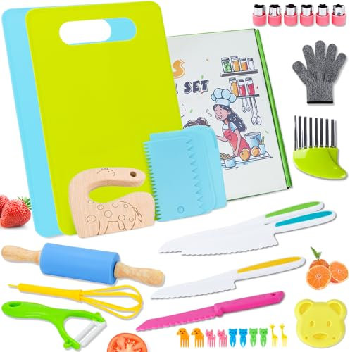 Ciphuoly Kit Cuisine Enfant, 32 Pièces Ustensile, Couteau Enfant qui ne Coupe Pas, Couteau Montessori à Partir de 2 ans, Pour Couper des Fruits, Légumes ou de la Pâte (32 Pièces)