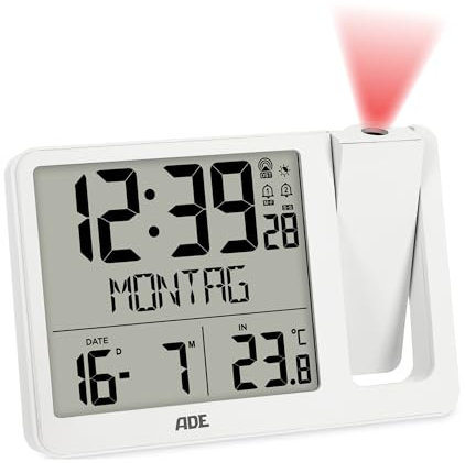 ADE Digitaler Funkwecker mit Projektion und Außensensor | Projektionswecker mit 2 Weckzeiten| Uhr mit Temperaturanzeige, Datum und Wochentag | inkl. Netzkabel | weiß