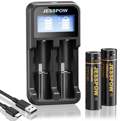 18650 Batteria 3,7V Ricaricabile con Caricabatterie, per Torcia, Macchina Fotografica, Piccolo Ventilatore [Batteria Flat Top, Non-AA]