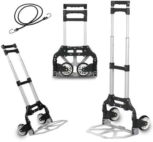 MERCURY TEXTIL- Carretilla Plegable de Aluminio con Cuerda, Carro de Mano Compacto, Portátil con Ruedas de Goma Soporta hasta 70kg para un Fácil Transporte en Viajes, Oficina y Hogar. (Negro)