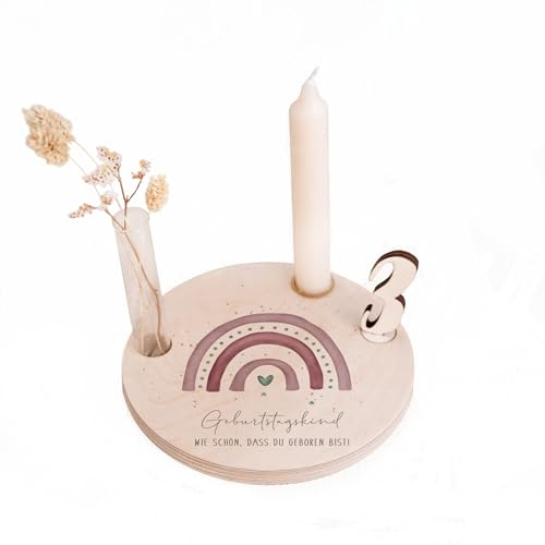 Geburtstagsteller aus Holz mit Kerzenhalter, Vase & Jahres Zahlen - Geburtstagsdeko Kindergeburtstag - 1. Geburtstag Baby & Kinder Geschenk - ⌀16 cm x 12mm - hellomini (Regenb. - ohne Name)