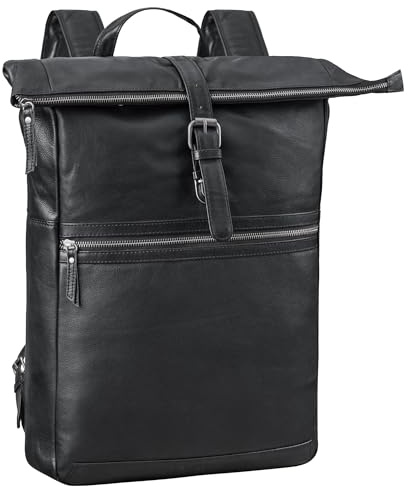 STILORD 'Tacoma' Rolltop Rucksack Damen Leder Großer Businessrucksack Herren Echtleder Fahrradrucksack Vintage Retro Antik - Lederrucksack für 17 Zoll Laptop, Farbe:schwarz