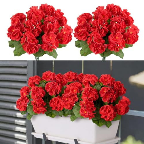 N&T NIETING Konstgjorda pelargonia-konstgjorda blommor för utomhusbruk, 4 buntar pelargoner konstgjorda sidenblommor UV-resistenta falska röda pelargoner växter för utomhushus trädgård balkong bord