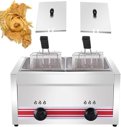 Friggitrice a gas commerciale generica, friggitrice a gas da banco, con doppio serbatoio, cestello e coperchio in acciaio inox, per patatine fritte, casa e ristorante (gery, 20 l)