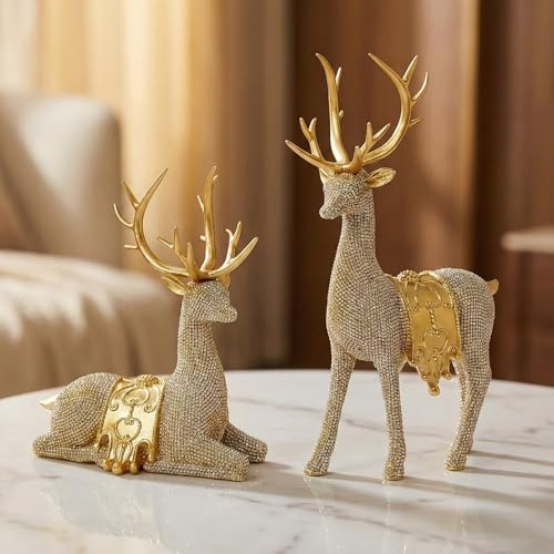 Shlinnuo Set of 2 Modern Deer Statues for Home Decor, Handcrafted Resin Elk Sculptures with Intricate Beaded Texture, Elegant Animal Figurines for Living Room, Bookshelf, Office & Housewarming Gift