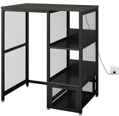METYERRY Kitchen Bakers Rack with Power Outlet, Microwave Stand with Drawer, Mini Fridge Stand with Adjustable Shelves,Mini Fridge Cabinet Suitable for Dining Room, Dorm,Home, Black