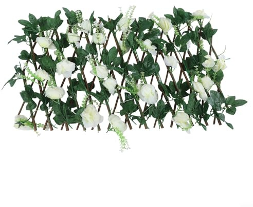 Erweiterbarer Gartenzaun aus Holz mit Seidenblumen für Privatsphäre und Dekoration (weiß)