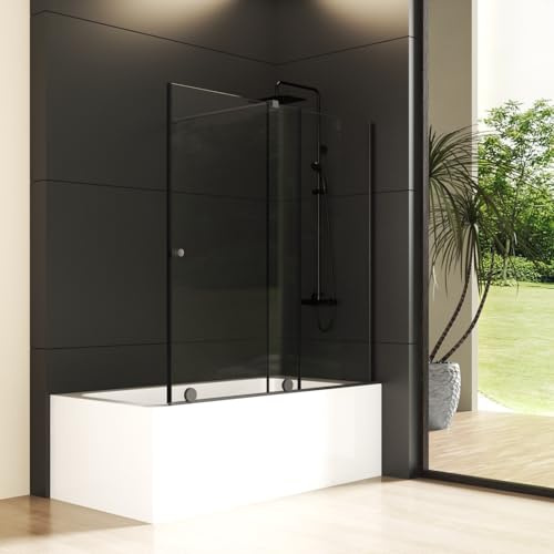 Goezes Schiebetür Duschwand für Badewanne 115x140cm, Schwarz Duschtrennwand Badewannenaufsatz Schiebetüren ausziehbar 70-115 cm, Duschabtrennung aus 6mm ESG Glas