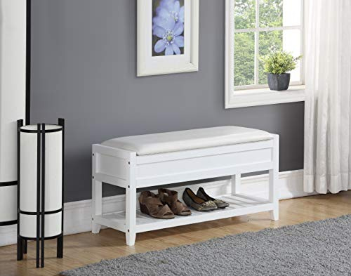 35.4 PU Padded Shoe Rack Bench with Hidden Storage Space, Practical Storage Bench with Shoe Rack, Shoe Change Ottoman with Solid Wood Structure & Plastic Pads for Living Room Entryway Hallway, White