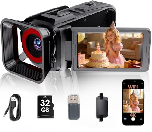 RAZPLYN Videocámara 4K, cámara de video de 64 MP con pantalla abatible de 3 pulgadas, zoom de 18X, WiFi, cámara web, tarjeta SD de 32 GB, batería de 2500 mAh (negro)