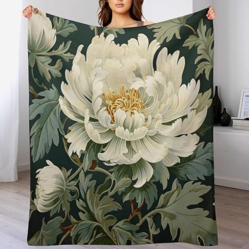 ArogGeld 60x80in Robins Egg Green and White Floral Fleece Blanket White Chinoiserie Flower Flannel Fleece Blankets Cosy Soft Warm Sofa Throw Christmas Housewarming Gift to Friend