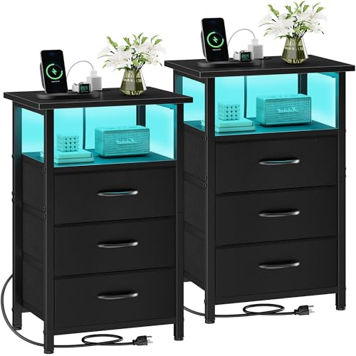 Vagusicc Night Stand Set 2 with Charging Station, LED Nightstand for Bedroom, Bedside Table with 3 Fabric Drawers, End Table Side Table with USB Ports & Outlets, Bed Side Table for Bedroom, Black