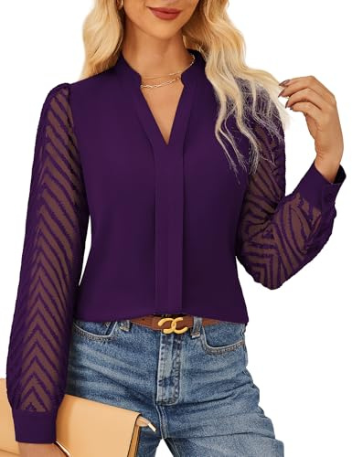 GRACE KARIN Camicetta elegante da donna testurizzata con maniche semi-velate, camicia da lavoro classica Henry con scollo a V, Viola scuro, L