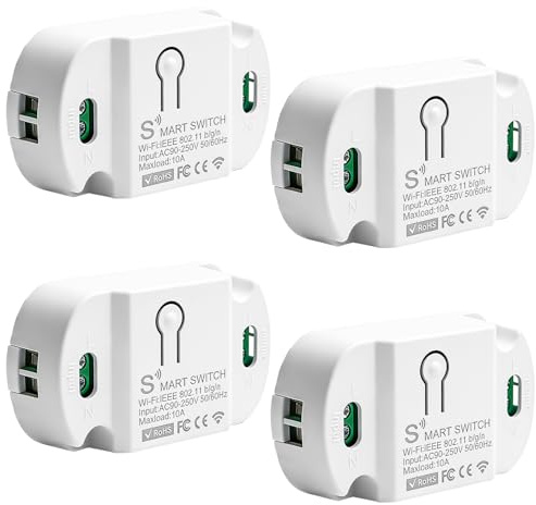 Behogan 4 Stück Smart Lichtschalter Modul 1 Wege, 10A Intelligenter WLAN Schalter, WLAN Smart Schalter Modul, Mini Smar t Home Sprachsteuerung/Timer, Kompatibel Alexa/Google Home
