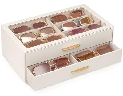 Lolalet Boîte à Lunettes pour Femme, Rangement Lunettes de Soleil 12 Paires, Coffret Élégant en PU à 2 Niveaux avec Couvercle Transparent -Cream