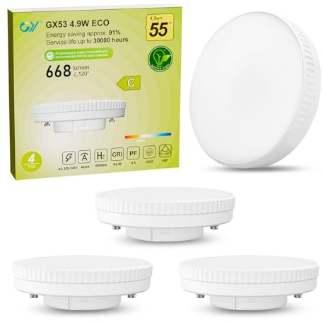 GY Classe C GX53 LED Ampoule 4.9W 230V 668 Lumen, Blanc Neutre 4000K, 4.9 Eq.55W, Ampoule à Économie d'Énergie Non-Dimmable,Lot de 4
