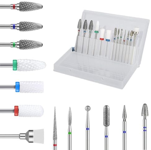 YPYMOD 13 Pièces Embout Ponceuse Ongles, 3 forets en carbure de tungstène + 3 forets en céramique + 6 forets diamant+ 1 pinceau, Forets à Ongles Éliminer Gel Acrylique Cuticule
