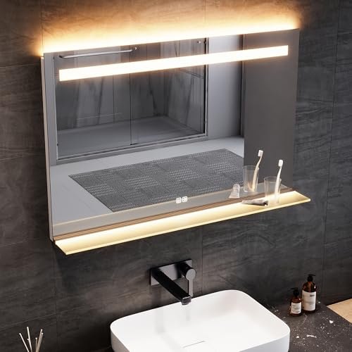 SONNI LED Badspiegel 100x65 cm mit Steckdose, 3 Lichtfarben & Anti-Beschlag | Beleuchtete Ablage als Highlights, Touch, Memory-Funktion. Ideal geeignet für Komplettrenovierung & Altbaumodernisierung