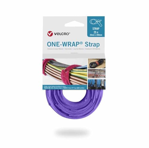 Velcro® Brand ONE-WRAP® Cable Ties 20mm x 200mm – Purple | Reusable Hook & Loop Straps for Cable Organisation (25 Pack)