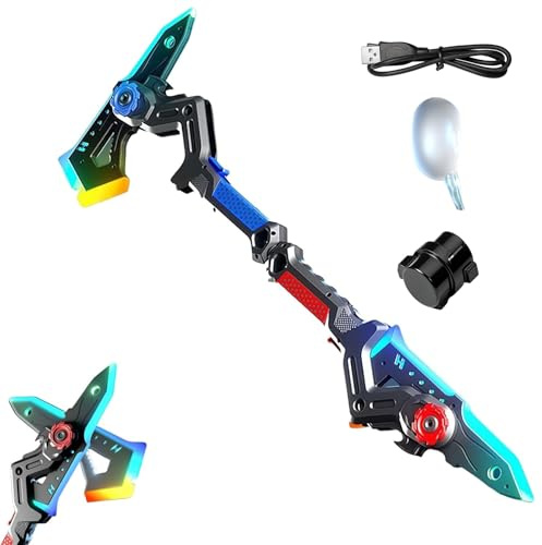 2pcs 2-in-1 Deformable Mechanical Sword Axe with Colorful LED & Spray Mist Sound Effects Transformable Light Up Axe Sword Toy Creative Cosplay Prop for Boys (Blue and Red)