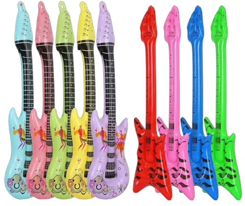 9 PCS Blow Up Guitar Set, 5 Colourful 89cm Inflatable Guitars and 4 Colourful 60cm Inflatable Bass Guitars, Musical Party Accessories for Events and Gatherings