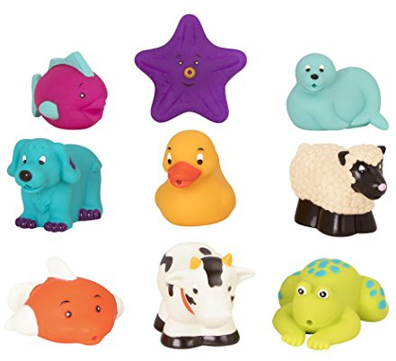 Battat Bath Buddies Badespielzeug mit quetschbaren Badetieren | 9-teiliges Set mit schwimmenden Tierfiguren für Badewanne und Pool, leicht zu greifen, mit Aufbewahrungsbox, 10+ Monate