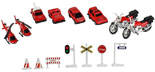 com-four® 15-teiliges Spielzeug-Autoset - Mini-Feuerwehr-Fahrzeuge zum Spielen und Sammeln - Spielzeug-Autos und Motorräder mit Zubehör (15-teilig - Feuerwehr)