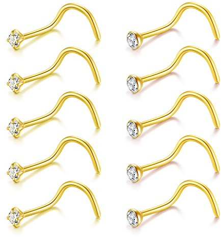 Briana Williams Nose Rings 10Pcs 20G Nose Screw Rings Studs Surgical Steel Gold Piercing Jewelry 2mm Clear CZ