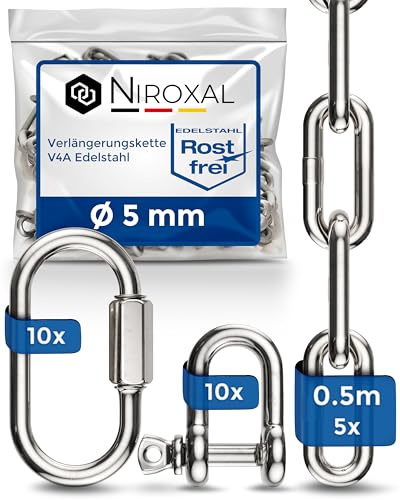 Edelstahl V4A (A4) Ketten Verlängerung 5 mm – 50 cm – 5 Ketten – inkl. 10 Schraubverbinder & 10 Schäkel – bis 900 kg