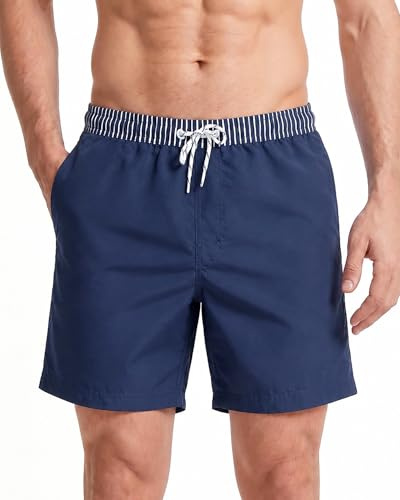 maamgic Shorts de Baño para Hombre Shorts de Playa Traje de Bañode Secado Rápido para Vacaciones Diseño a Rayas, Cinturón a Rayas Azul Marino XL