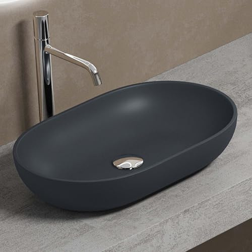 Mai & Mai Waschbecken Oval 54x34x10,5cm Aufsatzwaschbecken Anthrazit matt | Waschschale Waschtisch aus Mineralguss ohne Hahnloch und Überlauf Colossum807