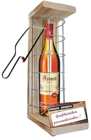 Personalisierte Geschenke für Männer Frauen Geschenkidee - Eiserne Reserve Gitter Text rot Asbach Uralt Brandy (1 x 0.7 l) incl. Notsäge - Papa Mama Geburtstag Hochzeit