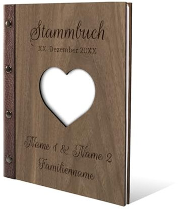 Stammbuch Nussbaum Holz Gravur individuell Holzcover mit Echtleder Rücken und Extras Stammbuchformat hoch 175 x 220 mm - Herz
